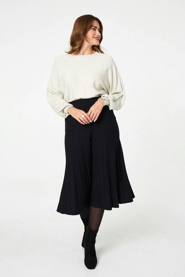 Black | High Waist Pleated Knit Midi Skirt
