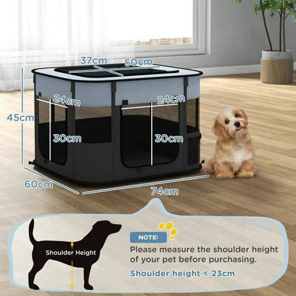 Foldable dog playpen with mesh windows and zip doors, grey and black, rectangular size
