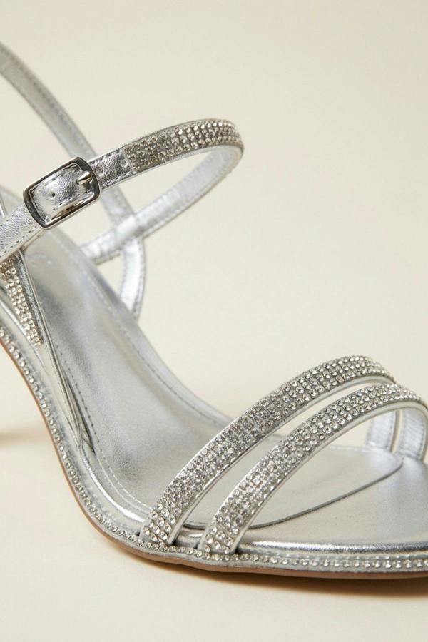 Pearl Rhinestone Embellished Strappy Low Sandals - Silver