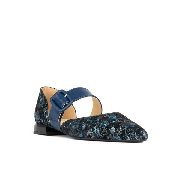 Embassy London Lush - Navy & Floral - Women's leather pointed ballet pump with buckle strap