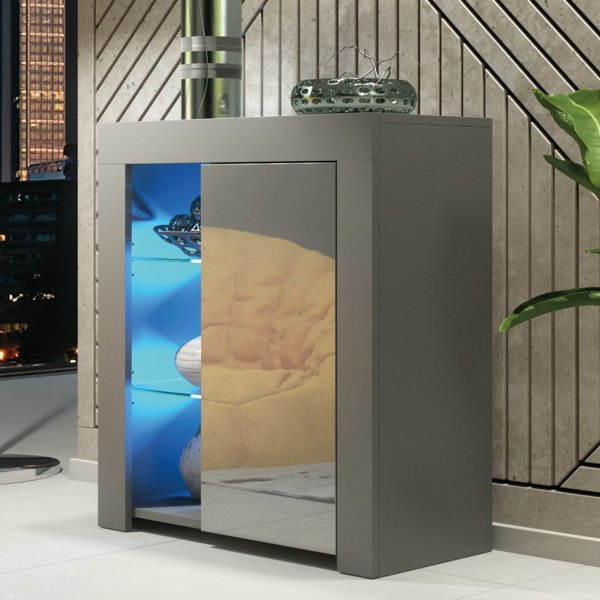 Mex Furniture 83cm Cabinet Cupboard Sideboard with Grey High Gloss Door and Free LED Lights