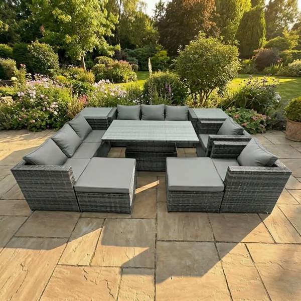 Fimous 10 Seater Rattan Garden Furniture Set with Dining Table, 2 Sofas, 2 Side Tables, 2 Armchair, 2 Stools - Dark Grey Mixed