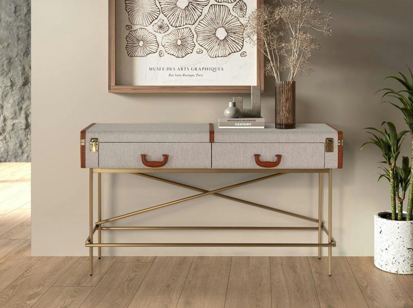 Angel Cerdá Rectangular Console Table, Fabric, Walnut and Golden Polished Steel 3271