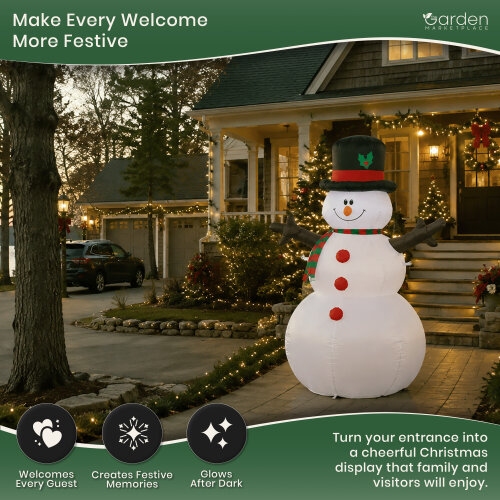 1.8m Inflatable Christmas Snowman with 3 Internal Low Voltage LED Lights, 12V Fan Motor, Guide Ropes and Transformer, Indoor/Outdoor Decoration