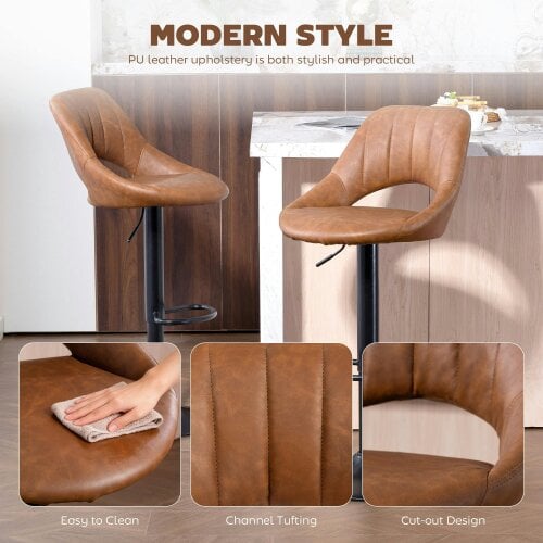 Wyld Haus Palosa Set Of 2 Brown Faux Leather Swivel Bar Chairs With Backrest And Footrest