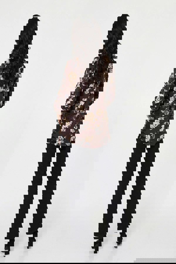 Brown | Floral Balloon Sleeve Semi Sheer Shirt
