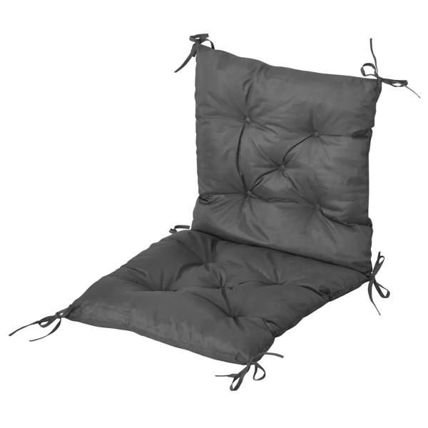 Dark grey tufted outdoor seat cushion with backrest and attached fastening ties