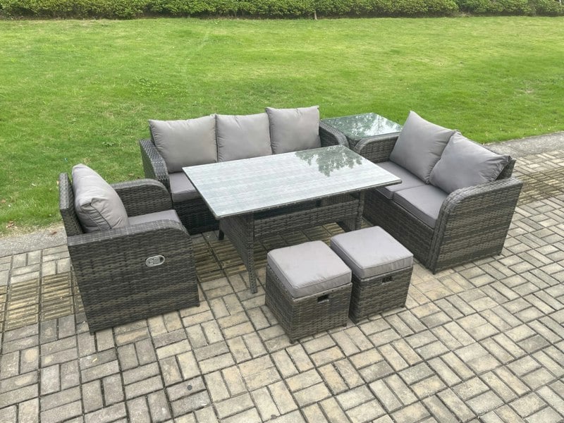 Fimous 8 Seater Garden Rattan Furniture Dining Table Sofa Set Indoor Outdoor with Reclining Chairs Side Table 2 Small Footstools Dark Grey Mixed