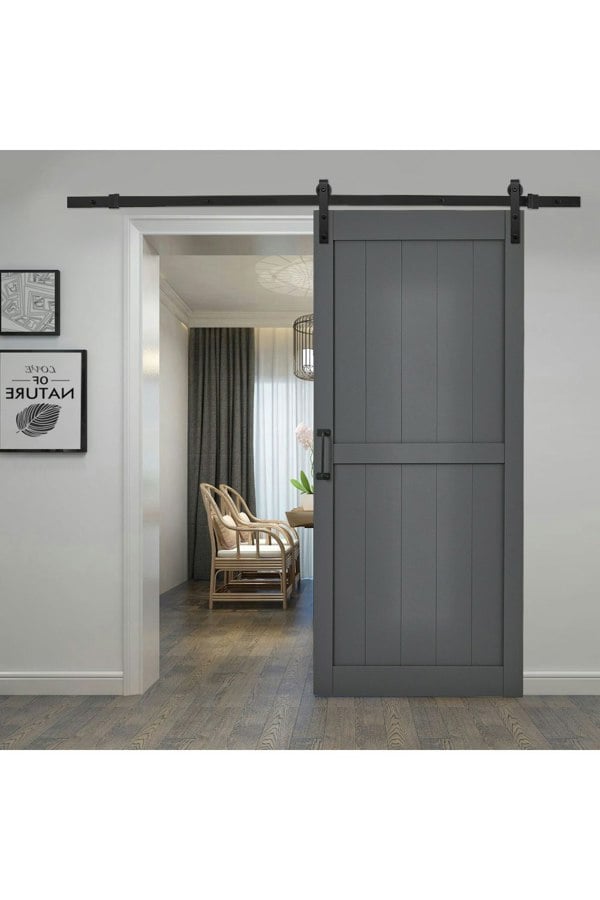 Living and Home 91cm W x 3.5cm D x 213cm H Farmhouse Style Wooden Barn Door with 200cm Slide Guide Dark Grey