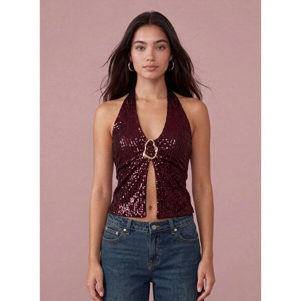 Pink Vanilla Sequin Trim Halter Top