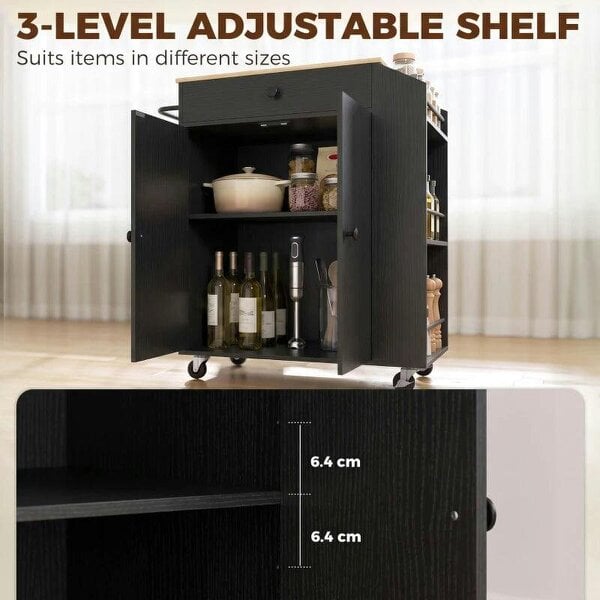 Rolling Kitchen Island with 3-Tier Spice Rack, Kitchen Storage Cart with Drawer and Towel Rack, Black