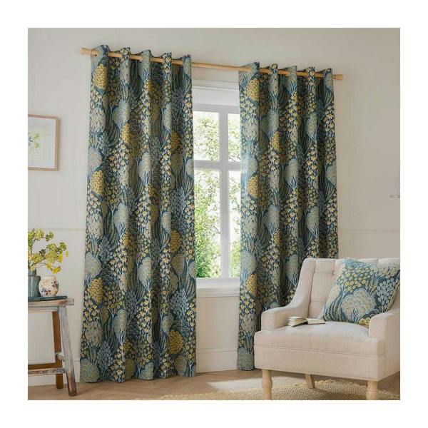 Wylder Ophelia Jacquard Floral Eyelet Curtains - Blue/Saffron - 