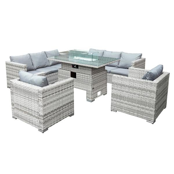 malta rattan 8 seat rising firepit corner set in dove grey