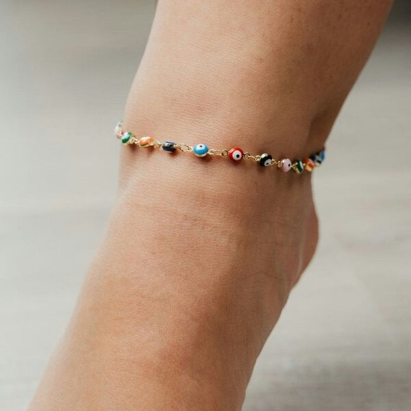 The Colourful Aura Multicolour Evil Eye Adjustable Protection Colourful Turkish Asian Indian Anklet - Gold