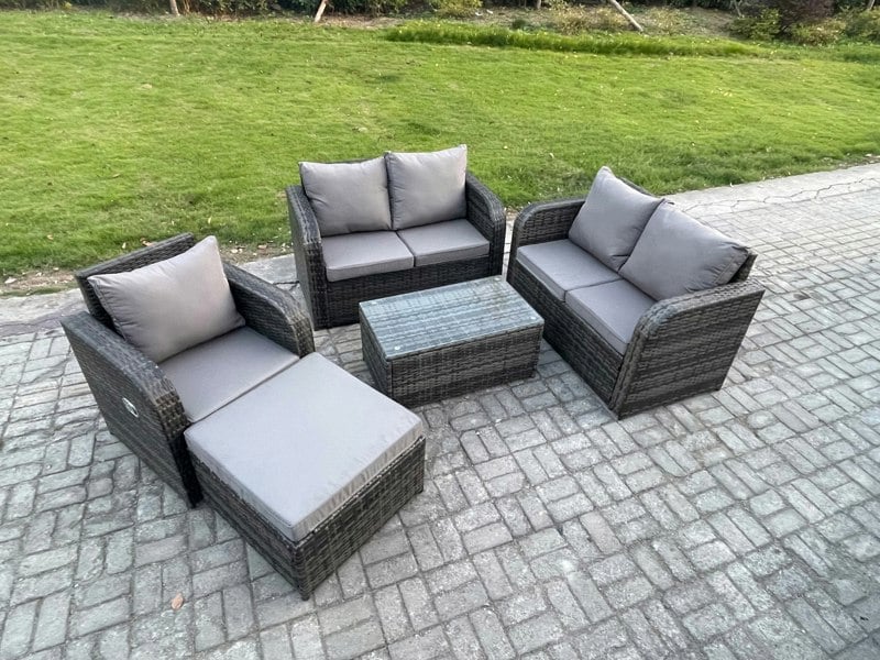 Fimous High Back Rattan Garden Lounge Set - Dark Grey Mixed Indoor/Outdoor Patio Sofa with Loveseat, Rectangular Coffee Table & Big Footstool