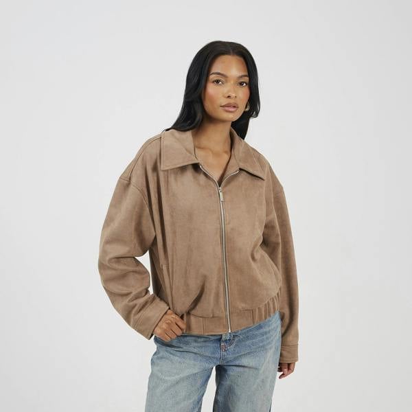 Brave Soul Taupe Faux Suede Bomber Jacket - Taupe Image 1
