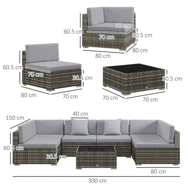 Rattan sofa set size diagram with grey cushions, four corner sofas, and coffee table.