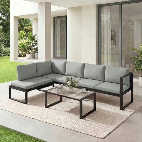 4 Piece Garden Furniture Set, Garden Sofa Set with 2 Loveseats, Armless Chair, Coffee Table for Balcony, Dark Grey
