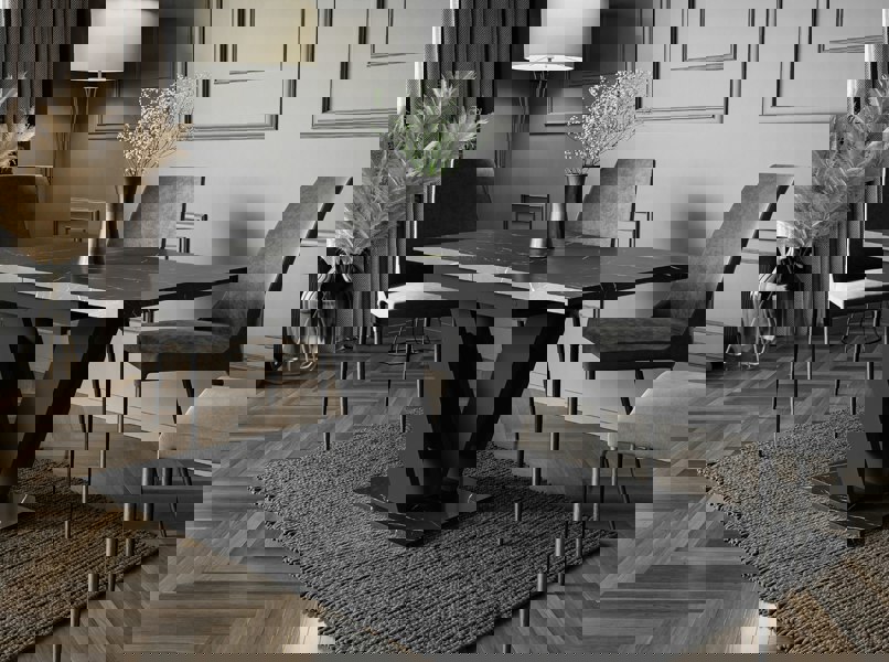 MASIV black royal marble extending dining table 4-6 seater with black base.