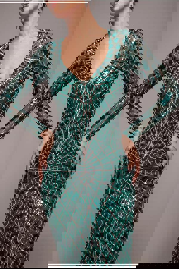 Geo Sequin Long Sleeve Maxi Dress - Emerald DR3495