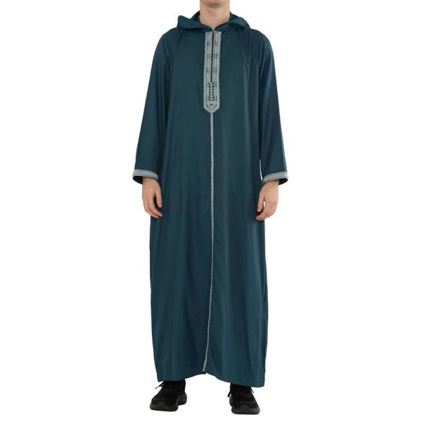Men's Hooded Gandoura Embroidery Moroccan Thobe - Aqua - Thobez - 21