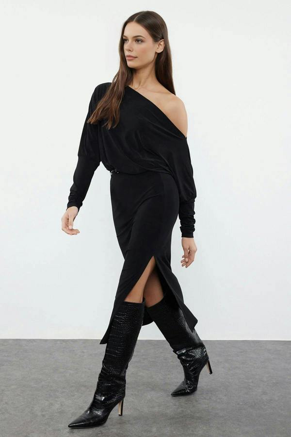 WOVCOR Asymmetrical Collar Stretchy Midi Knit Dress