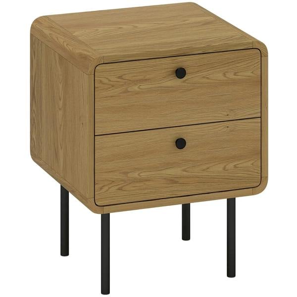 Oak bedside table with two drawers and black steel legs, rounded corners.