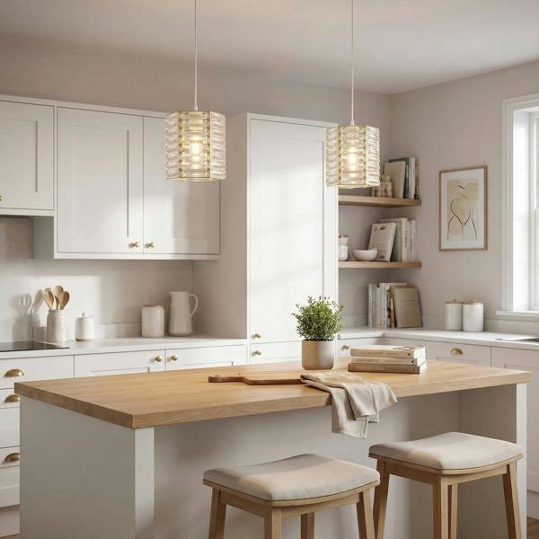 Modern Hexagonal Polished Gold Pendant Shade with Clear Acrylic Rods Image 6