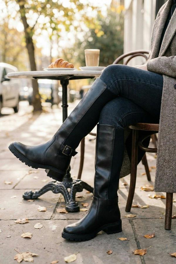 Cordelia Ribbed Panel Knee High Boots - Black