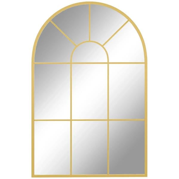 Arched grid mirror with gold-tone frame and geometric pane design