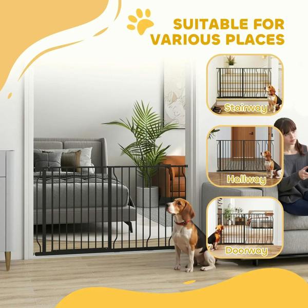 Black pet safety gate shown for doorway, hallway, and stairway placement