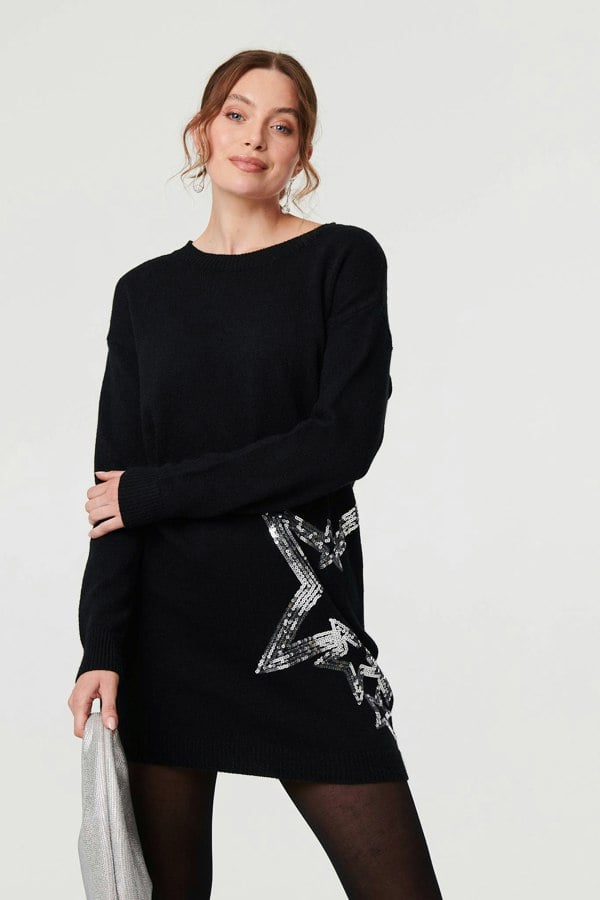 Black | Sequin Star Long Sleeve Knit Short Dress
