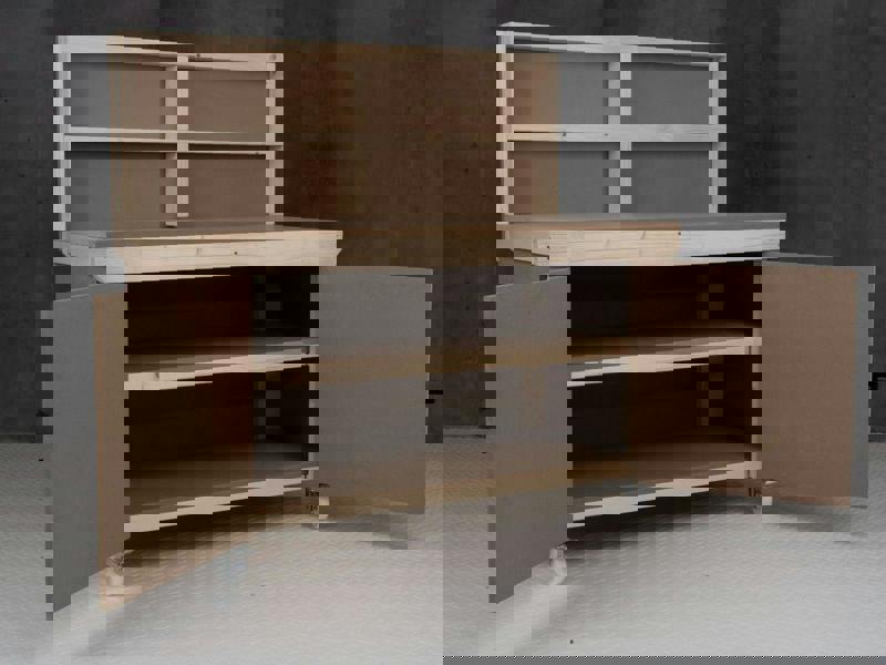 Arbor Garden Solutions Wooden MDF Top Workbench With Lockable Cupboard (V.9) with back panel, double shelf and wheels