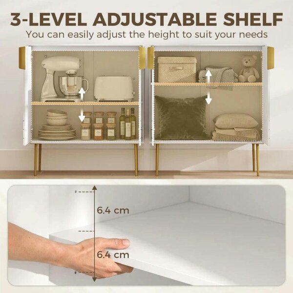 Modern Kitchen Cupboard, Storage Cabinet with 2 Doors, Adjustable Shelf and Metal Legs, White