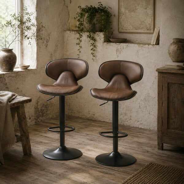 Wyld Haus Mifaro Set Of 2 Brown Adjustable Swivel Bar Stools With Steel Frame And Footrest