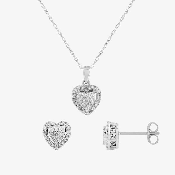 T. H. Baker 9ct White Gold Diamond Heart Pendant And Earrings Set TH0121891