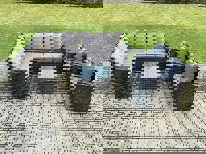 Fimous Rattan Garden Furniture Set Outdoor Lounge Corner Sofa Set With Square Coffee Table 2 Armchairs 8 Seater Dark Grey Mixed