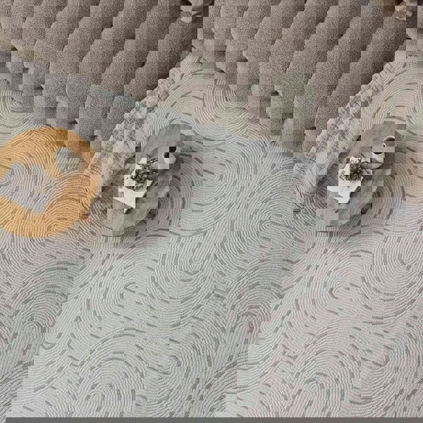 Living Room rug, grey-cream colours, geometric, practicality in mind, the rug is anti-allergic.