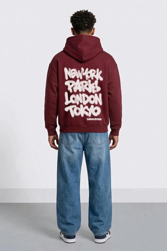 London Attitude Oversized Heavyweight City Graffiti Hoodie - Burgundy