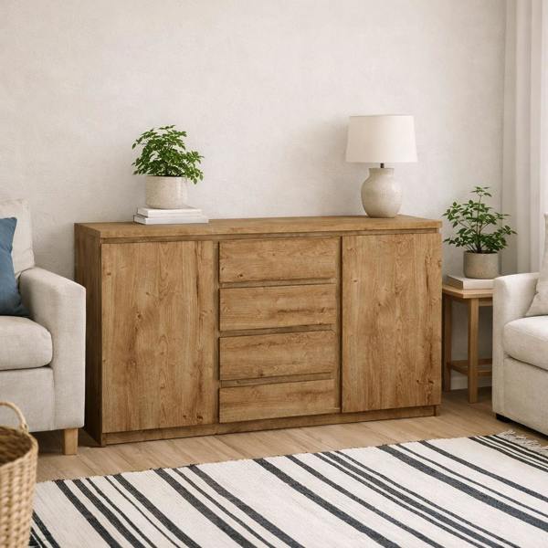Wyld Haus Hemingway Natural Oak Wood  Sideboard 2 Door 4 Drawer