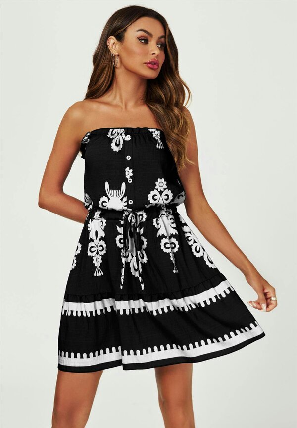 FS Collection Printed Broderie Strapless Mini Dress In Black