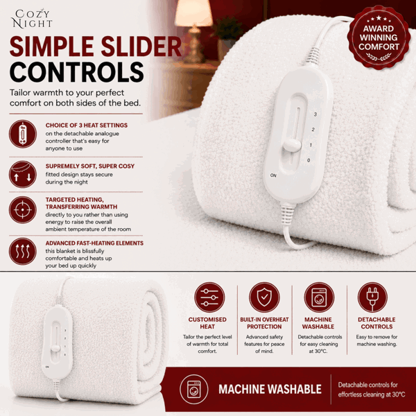 Cozy Night Single Size Electric Blanket Heated with 3 Heat Settings - Quick Fit Underblanket - Fleece Material Machine Washable