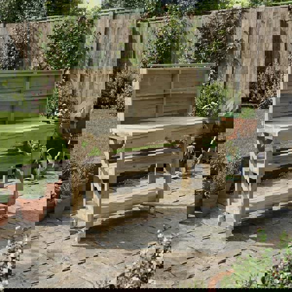 Arbor Garden Solutions Indoor/outdoor workbench, pressure treated bench with back panel, double shelf and wheels