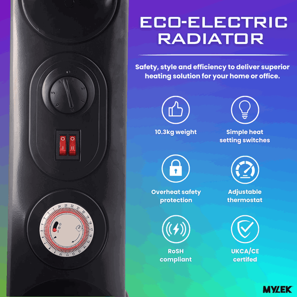 Mylek Oil Filled Radiator Electric Heater, Portable, Thermostat and 24hr Timer, Black 2000W