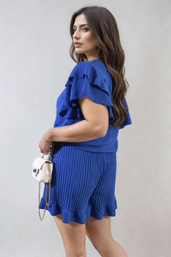 Cynthia Layered Ruffle Short Sleeve Tie Front Top - Royal Blue