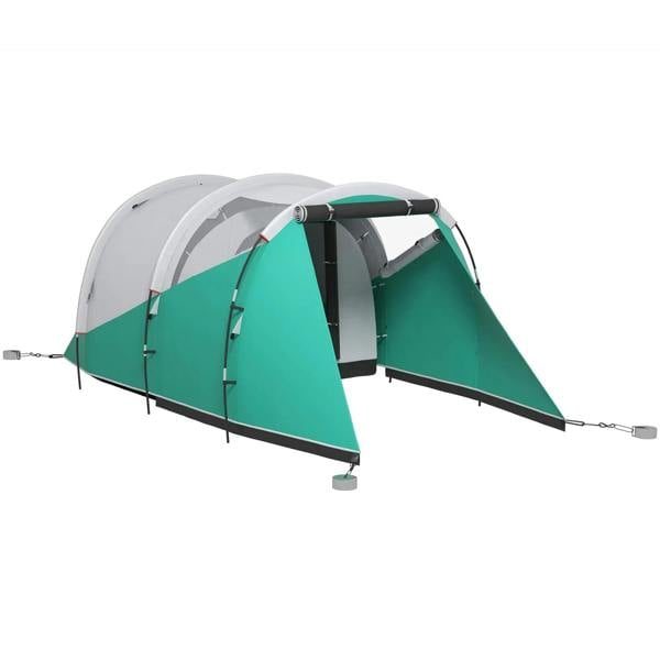Two-room tunnel tent with green walls and gray arched frame, side view with guy ropes
