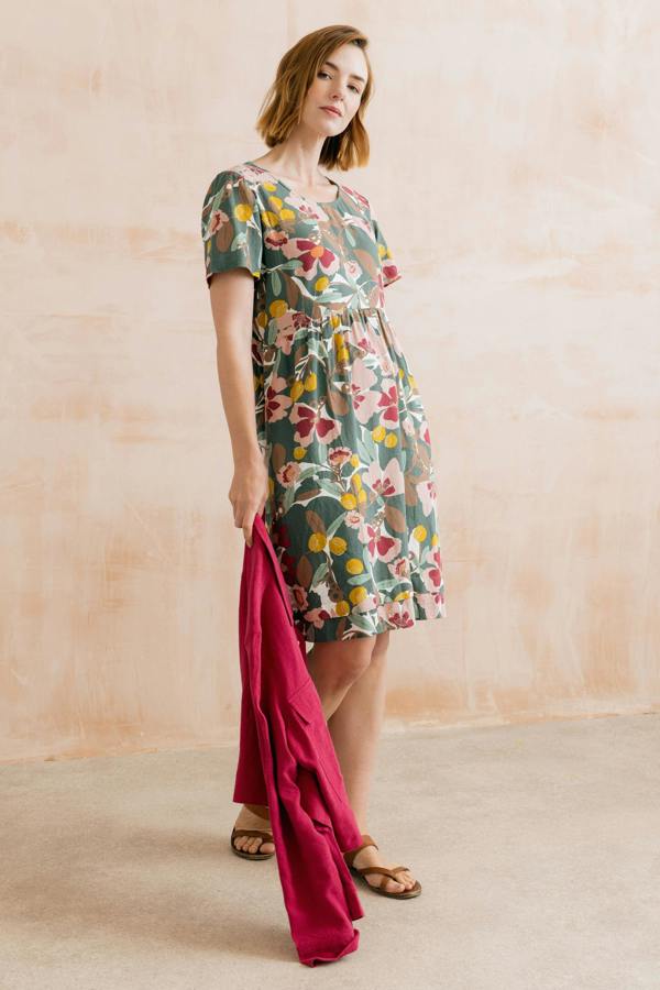 Lily & Me Carnival Linen Blend Printed Dress Laurel Green