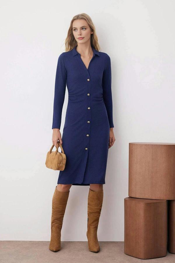 WOVCOR Polo Collar Bodycon Midi Knitted Dress with Button Detail