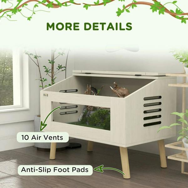 Oak reptile box showing two glass levels, 10 air vents, and anti-slip foot pads