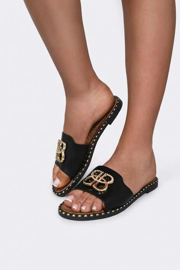 Abby Sparkle Buckle Gold Studded Flat Sandals - Black_wb